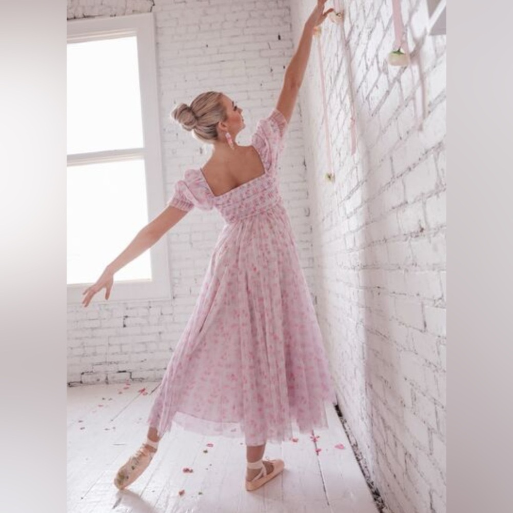 JESSAKAE Promenade Puff Sleeve Floral Print Maxi Dress, Pink And White Large - Picture 5 of 13